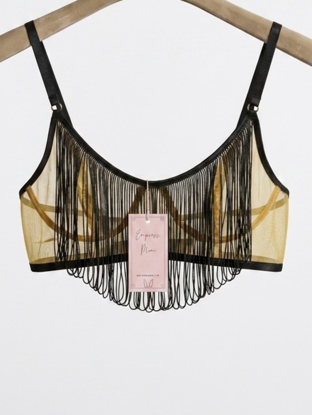 Sheer Fringe Bralette in Black and Yellow